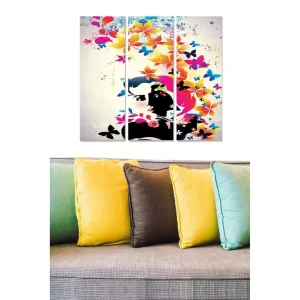 Canvastavla i trä 3-delar 50x70 cm - Färgglad sammansättning av fjärilar och blommor i en stiliserad porträttform - Inredning & dekor Rea