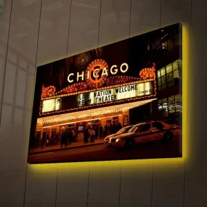Handla nu Canvastavla med LED-belysning 45x70 cm - Ljus och livlig teaterfasad i Chicago Guld / Svart / Vit - Inredning