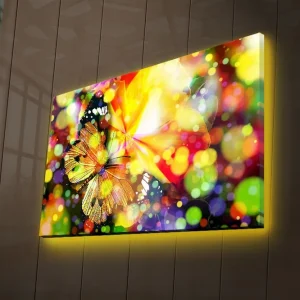 Premium Canvastavla med LED-belysning 45x70 cm - Färgglad komposition med fjärilar och blommor Gul / Orange / Grön - Inredning