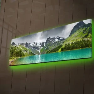 Reapris Canvastavla med LED-belysning 30x90 cm - Storslagen berglandskap med en glittrande sjö Turkos / Grön / Grå - Inredning