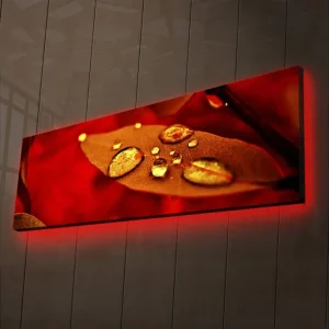 Canvastavla med LED-belysning 30x90 cm - Röd blad med vattendroppar som glittrar Röd / Guld / Brun - Inredning Endast denna vecka