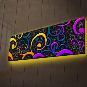 Canvastavla med LED-belysning 30x90 cm - Färgglada snirklar på en mörk bakgrund Gul / Lila / Blå - Inredning Outlet