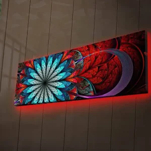Sänkt pris Canvastavla med LED-belysning 30x90 cm - Färgglad abstrakt komposition med blommoliknande mönster Röd / Turkos / Grå - Inredning