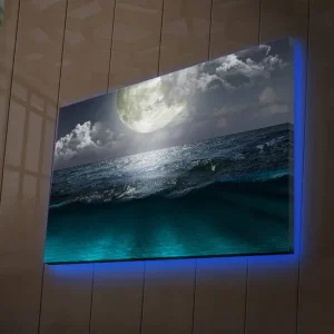 I lager Canvastavla med LED-belysning 45x70 cm - Storslagen måne över ett stormigt hav Mörkblå / Turkos / Grå - Inredning