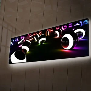 Köp online Canvastavla med LED-belysning 30x90 cm - Abstrakt komposition med svarta och vita sfärer Svart / Vit / Lila - Inredning