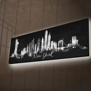 Begränsat erbjudande Canvastavla med LED-belysning 30x90 cm - Silhuett av New Yorks skyline med ikoniska byggnader Svart / Vitt - Inredning