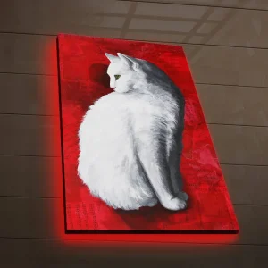 Canvastavla med LED-belysning 70x45 cm - Vit katt mot en röd bakgrund Vit / Röd - Inredning Begränsad tid