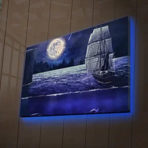 Begränsat antal Canvastavla med LED-belysning 45x70 cm - Skepp som seglar under en fullmåne i en stjärnklar natt Mörkblå / Grå / Vit - Inredning
