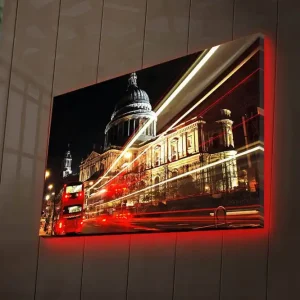 Lågt pris Canvastavla med LED-belysning 45x70 cm - Stadssilhuett med St. Pauls katedral i nattbelysning Röd / Guld / Svart - Inredning