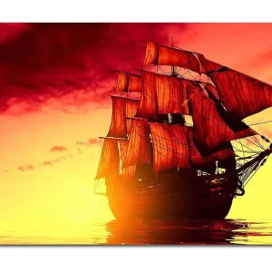 Canvastavla 70x100 cm - Ett majestätiskt segelfartyg med röda segel som navigerar genom en gyllene solnedgång - Inredning & dekor Rabatter