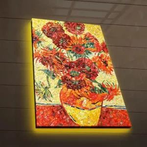 Canvastavla med LED-belysning 70x45 cm - Färgrik bukett av solrosor i en vas Röd / Gul / Grön - Inredning Erbjudandepris