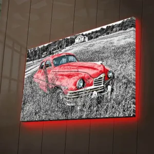 Canvastavla med LED-belysning 45x70 cm - Röd vintagebil i en grönskande äng Röd / Svart / Grå - Inredning Sänkt pris