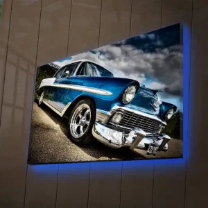 Populärt val Canvastavla med LED-belysning 45x70 cm - Klassisk bil i retrostil med glänsande kromdetaljer Blå / Silver / Svart - Inredning