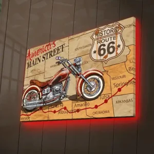 Fynd Canvastavla med LED-belysning 45x70 cm - Motorcykel på en karta över Route 66 Röd / Brun / Beige - Inredning