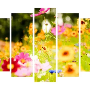 Trygg betalning Stor Canvastavla i 5 delar 105x70 cm - Färgrik blomsteräng med olika blommor Rosa / Orange / Gult - Inredning