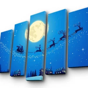 Begränsat antal Stor Canvastavla i 5 delar 105x70 cm - Julnatt med jultomten som flyger över en stad i släde med renar Mörkblå / Ljusblå / Vit - Inredning