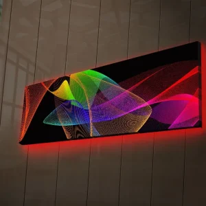 Endast denna vecka Canvastavla med LED-belysning 30x90 cm - Abstrakt komposition med färgglada linjer och former Röd / Grön / Lila - Inredning