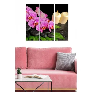 Snabb frakt Canvastavla i trä 3-delar 50x70 cm - Färgglada orkidéer med stenar och ljus - Inredning & dekor