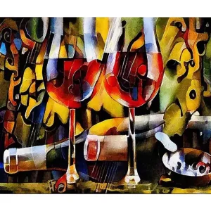 Canvastavla 70x100 cm - Två vinglas med röd vätska omgivna av abstrakta musikaliska och färgglada element - Inredning & dekor Expressleverans