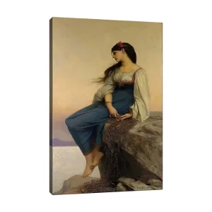 Begränsat erbjudande Canvastavla 70x100 cm - Ung kvinna sitter på en klippa med en eftertänksam blick, klädd i en blå klänning med vita ärmar - Inredning & dekor