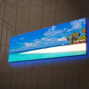Canvastavla med LED-belysning 30x90 cm - Paradisstrand med turkost vatten och palmer Turkos / Blå / Grön - Inredning Kundfavorit