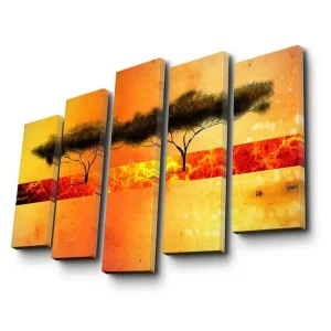 Erbjudandepris Stor Canvastavla i 5 delar 105x70 cm - Silhuett av träd mot en färgglad solnedgång Orange / Gult / Svart - Inredning