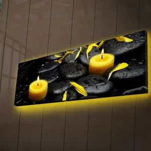 Fri frakt Canvastavla med LED-belysning 30x90 cm - Lugnande komposition med svarta stenar och brinnande ljus Svart / Gul / Grå - Inredning