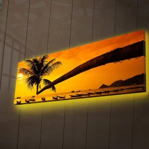 Erbjudandepris Canvastavla med LED-belysning 30x90 cm - Solnedgång över en strand med palmer och båtar Orange / Svart / Gult - Inredning