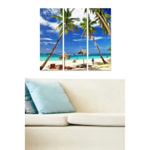 Canvastavla i trä 3-delar 50x70 cm - Tropisk strand med palmer och klarblå himmel - Inredning & dekor Kampanj