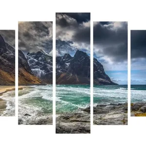 Populär Stor Canvastavla i 5 delar 105x70 cm - Dramatiska fjäll med hav och strand Mörkgrå / Turkos / Beige - Inredning