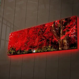 Canvastavla med LED-belysning 30x90 cm - Lummig röd lövskog med en stor trädstam Röd / Grön / Brun - Inredning Rea