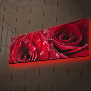 Sänkt pris Canvastavla med LED-belysning 30x90 cm - Djupa röda rosor med vattendroppar Röd / Grön - Inredning