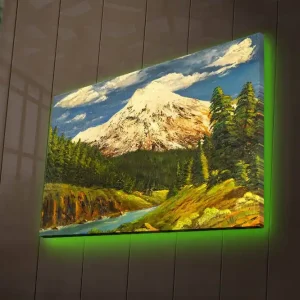 Kampanjpris Canvastavla med LED-belysning 45x70 cm - Storslagen berglandskap med snötäckta toppar och grönskande skogar Grön / Blå / Vit - Inredning