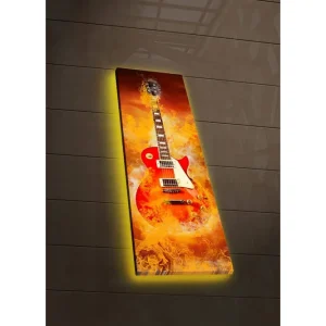 Canvastavla med LED-belysning 90x30 cm - Elgitarr omgiven av eldiga färger Röd / Orange / Gul - Inredning Billig