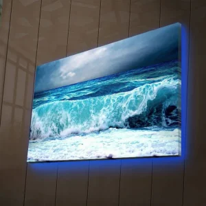 Expressleverans Canvastavla med LED-belysning 45x70 cm - Storslagen havsutsikt med kraftiga vågor Turkos / Blå / Vit - Inredning