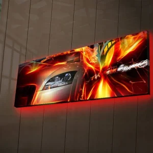 Canvastavla med LED-belysning 30x90 cm - Sportbil i rörelse med dynamiska ljuseffekter Röd / Orange / Svart - Inredning Fynd