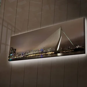 Populär Canvastavla med LED-belysning 30x90 cm - Modern brokonstruktion med stadssilhuett i bakgrunden Mörkblå / Grå / Vit - Inredning