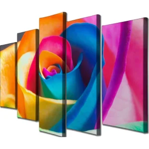Stor Canvastavla i 5 delar 105x70 cm - Färgglad ros med intensiva nyanser Orange / Blå / Rosa - Inredning Populärt val