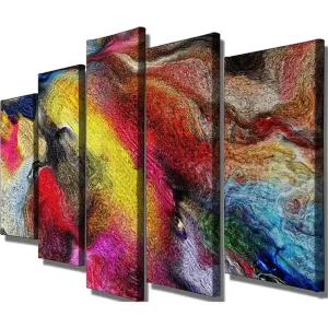 I lager Stor Canvastavla i 5 delar 105x70 cm - Färgrik abstrakt komposition med svepande former Röd / Gul / Blå - Inredning