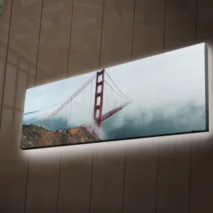 Billigare Canvastavla med LED-belysning 30x90 cm - Golden Gate-bron omgiven av dimma och hav Röd / Grå / Blå - Inredning