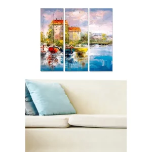 Canvastavla i trä 3-delar 50x70 cm - Vacker hamn med färgglada båtar och pittoreska byggnader vid vattnet - Inredning & dekor Kampanj