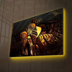 Kundfavorit Canvastavla med LED-belysning 45x70 cm - Abstrakt fågel med symboliska mönster Svart / Guld / Röd - Inredning