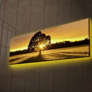 Canvastavla med LED-belysning 30x90 cm - Silhuett av ett träd mot en gyllene solnedgång Guld / Svart / Grön - Inredning Erbjudande