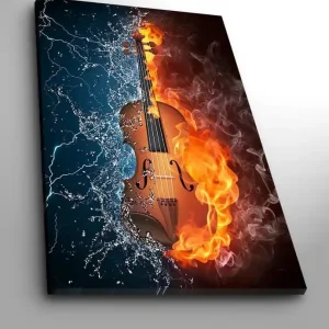Canvastavla 70x100 cm - Violin som är omgiven av eld och vatten, vilket symboliserar kontrasten mellan elementen - Inredning & dekor Utförsäljning