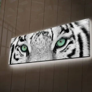Canvastavla med LED-belysning 30x90 cm - Närbild av en vit tigers ögon med intensiva detaljer Vit / Svart / Grön - Inredning Nedsatt pris