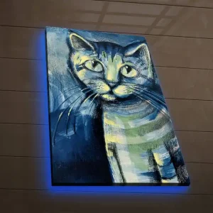 Begränsat antal Canvastavla med LED-belysning 70x45 cm - Kattporträtt med uttrycksfulla ögon Blå / Grön / Svart - Inredning