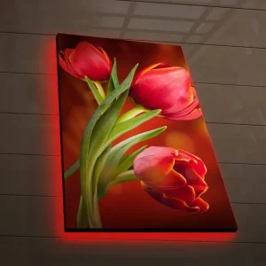 Lågt pris Canvastavla med LED-belysning 70x45 cm - Färgglada tulpaner i en livfull komposition Röd / Grön / Orange - Inredning