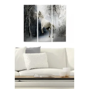Canvastavla i trä 3-delar 50x70 cm - Vit enhörning i en snöig skogsmiljö - Inredning & dekor Rabatter