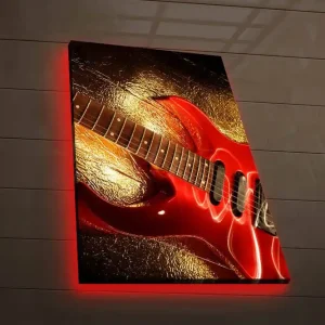 Canvastavla med LED-belysning 70x45 cm - Glänsande röd elgitarr med en gyllene bakgrund Röd / Guld - Inredning Nyhet