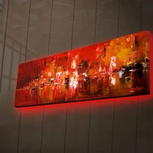 Canvastavla med LED-belysning 30x90 cm - Färgstark abstrakt komposition med inslag av röd och orange Röd / Orange / Svart - Inredning Erbjudande
